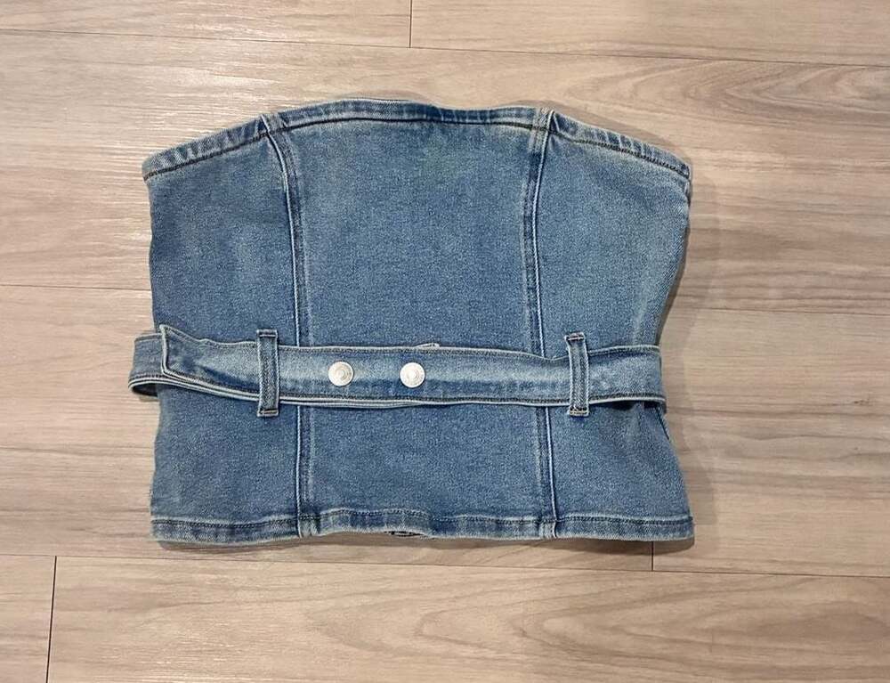 Forever 21 Blue Denim Smocked Corset Top with Front Button Placket Size L